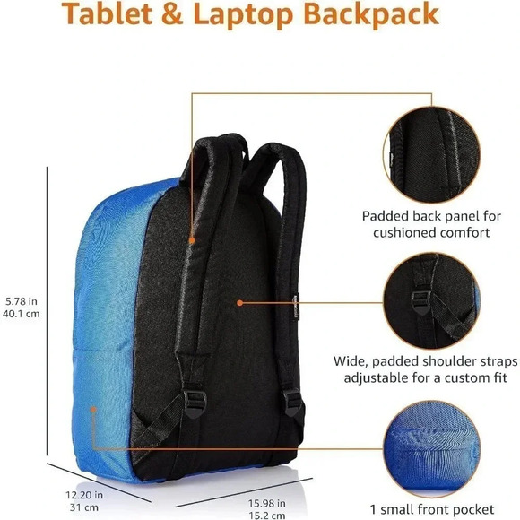 Kids Royal Blue Durable Adjustable Padded Shoulder Strap Classic School Backpack - Picture 5 of 7